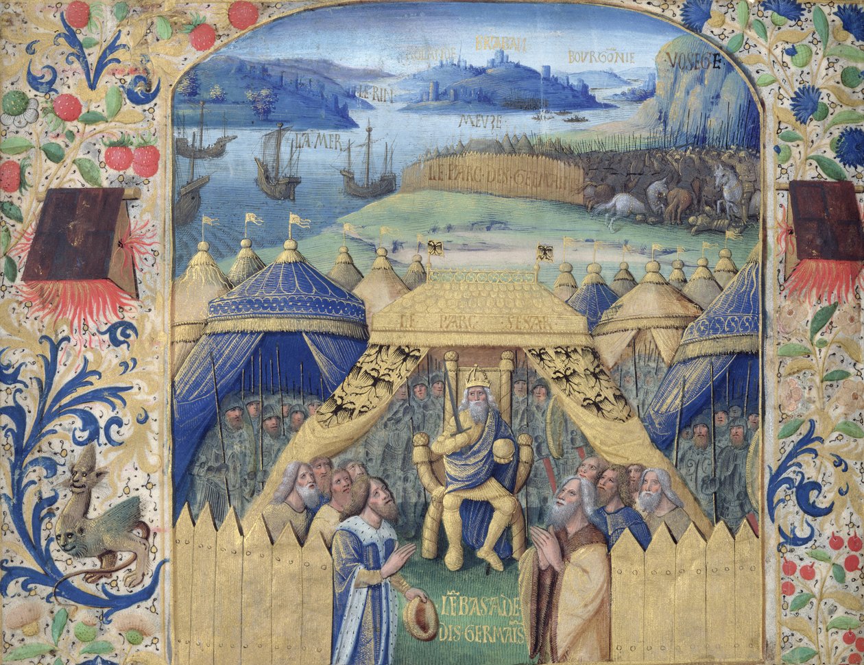 Juliusz Cezar (100-44 p.n.e.) przyjmujący ambasadora germańskiego, ok. 1450 r. autorstwa Jean Fouquet