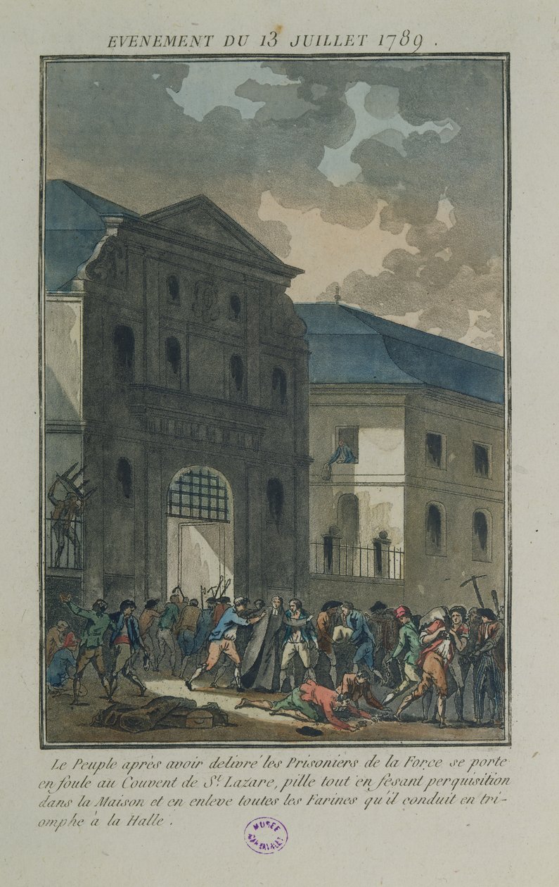 Plądrowanie klasztoru Saint-Lazare, 13 lipca 1789 (akwatinta) autorstwa Jean Francois Janinet