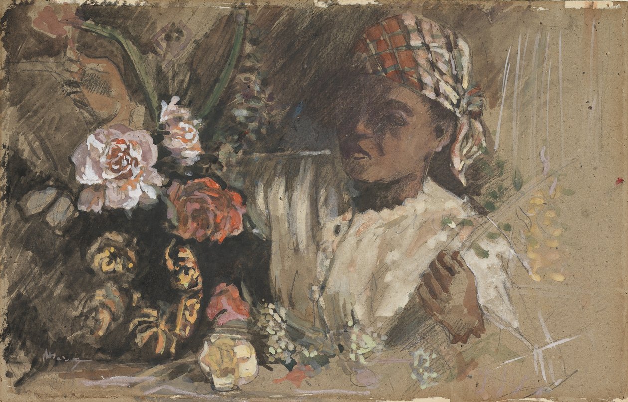 Czarna kobieta z piwoniami, ok. 1870 (wc, gwasz, kreda i grafit na kartonie) autorstwa Jean Frederic Bazille