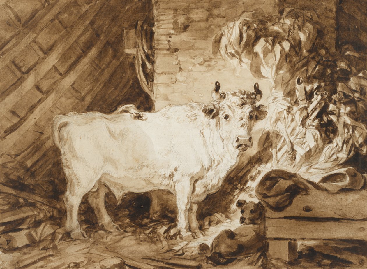 Biały byk i pies w stajni autorstwa Jean Honore Fragonard