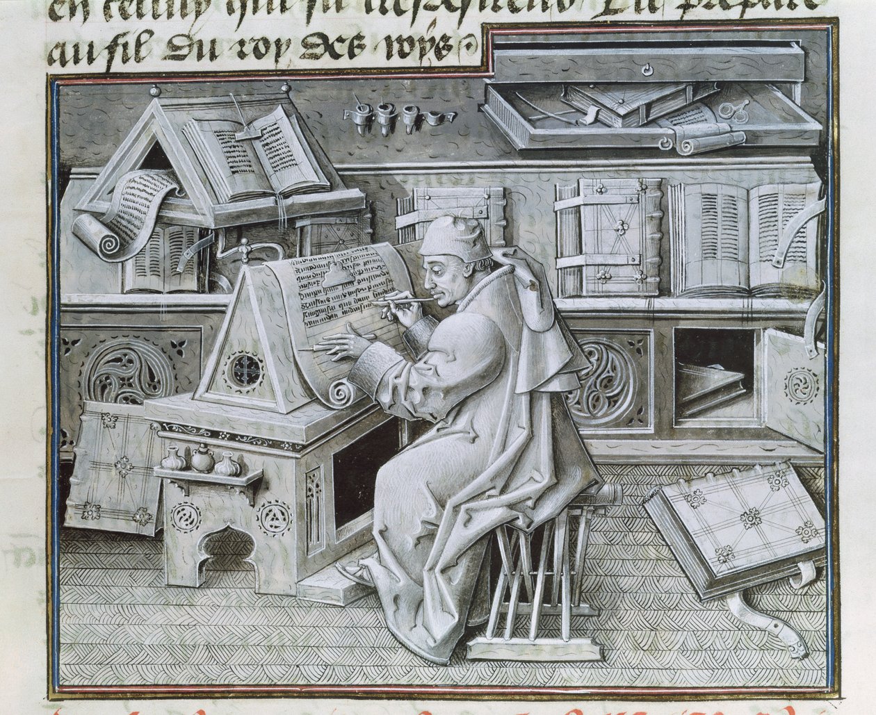 Ms 9198 f.19 Kopista Jean Mielot (fl.1448-68) pracujący w swoim skryptorium, z "Życia i cudów Dziewicy". autorstwa Jean I Le Tavernier