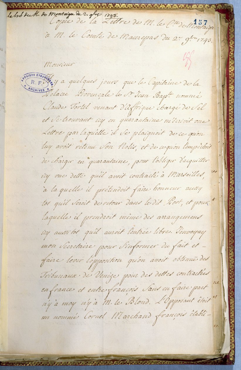 List napisany przez Jean-Jacquesa Rousseau jako sekretarz ambasadora Francji w Wenecji, październik 1743 autorstwa Jean Jacques Rousseau