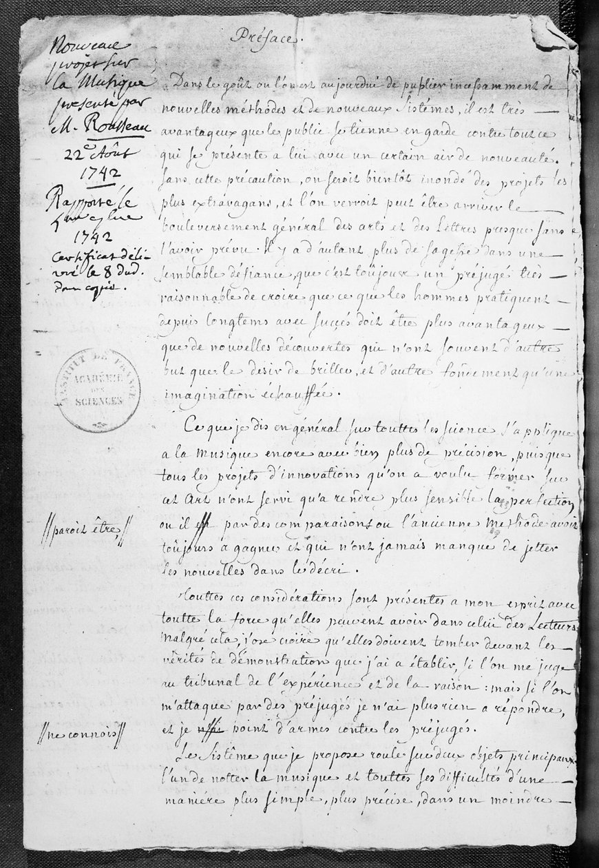 Projekt notacji muzycznej przedstawiony przez Jean-Jacques Rousseau w Academie des Sciences 22 sierpnia 1742 r. autorstwa Jean Jacques Rousseau