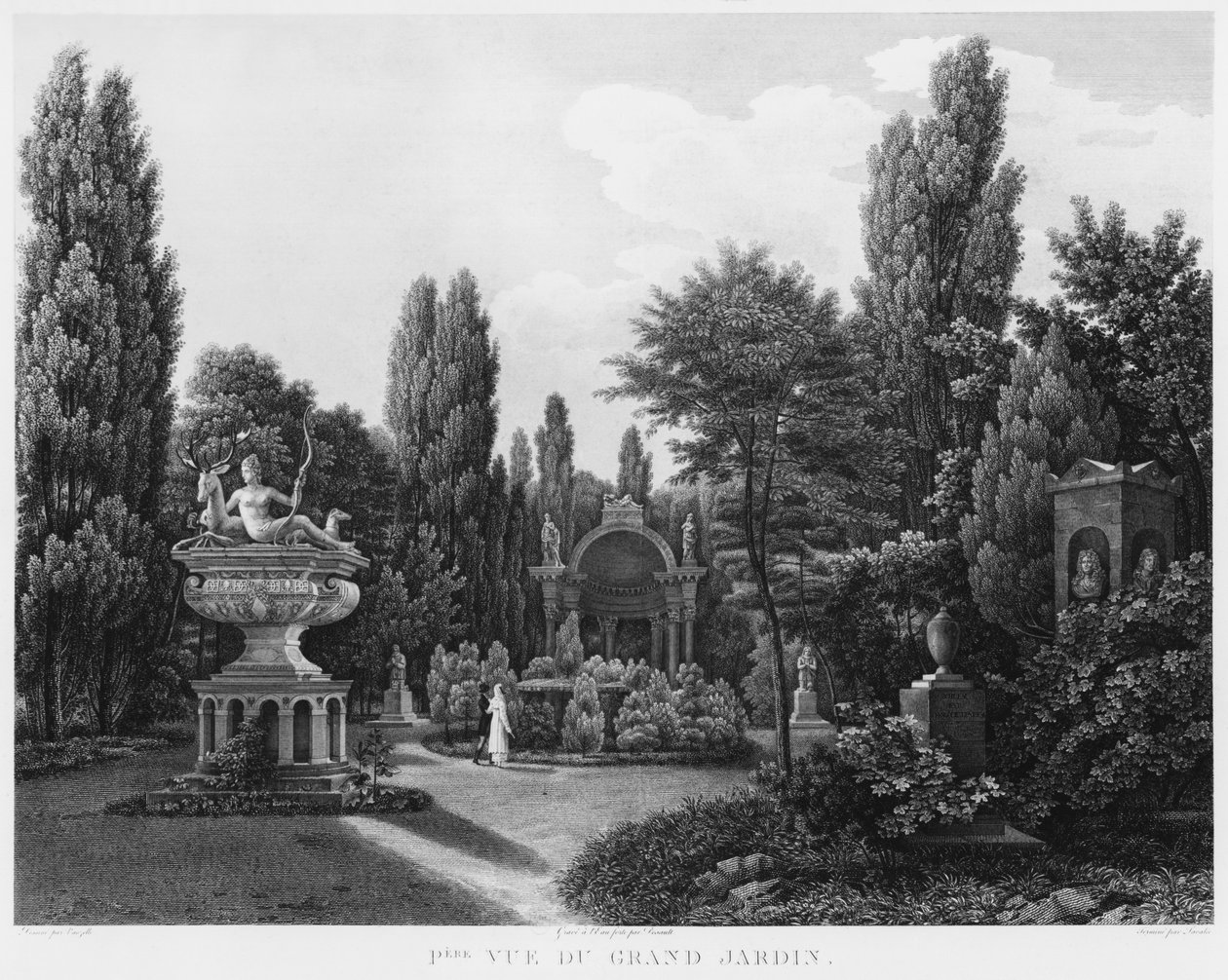 Pierwszy widok na wielki ogród, Musee des Monuments Francais, Paryż, ilustracja z „Malownicze widoki i perspektywy pomieszczeń Musee des Monuments Francais i głównych dzieł...”, eng autorstwa Jean Lubin Vauzelle