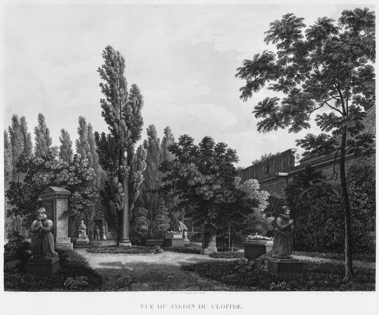 Ogród klasztorny, Musee des Monuments Francais, Paryż, ilustracja z „Malownicze widoki i perspektywy pomieszczeń Musee des Monuments Francais i głównych dzieł…”, grawerowane przez autorstwa Jean Lubin Vauzelle