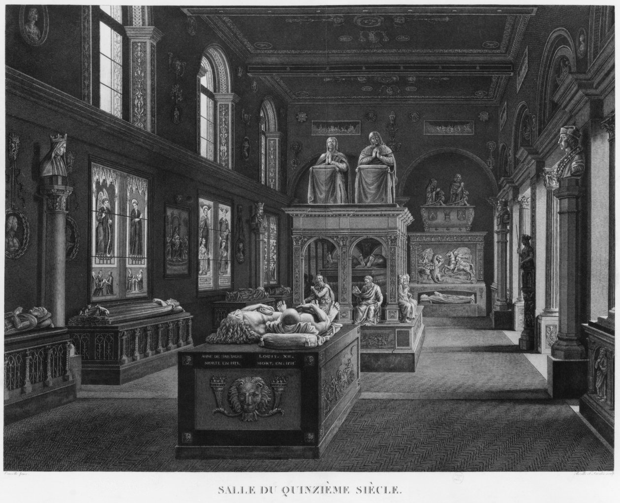 Sala z XV wieku, Musee des Monuments Francais, Paryż, ilustracja z „Malowniczych widoków i perspektyw pokojów Musee des Monuments Francais i głównych dzieł ...”, grawerowana przez autorstwa Jean Lubin Vauzelle