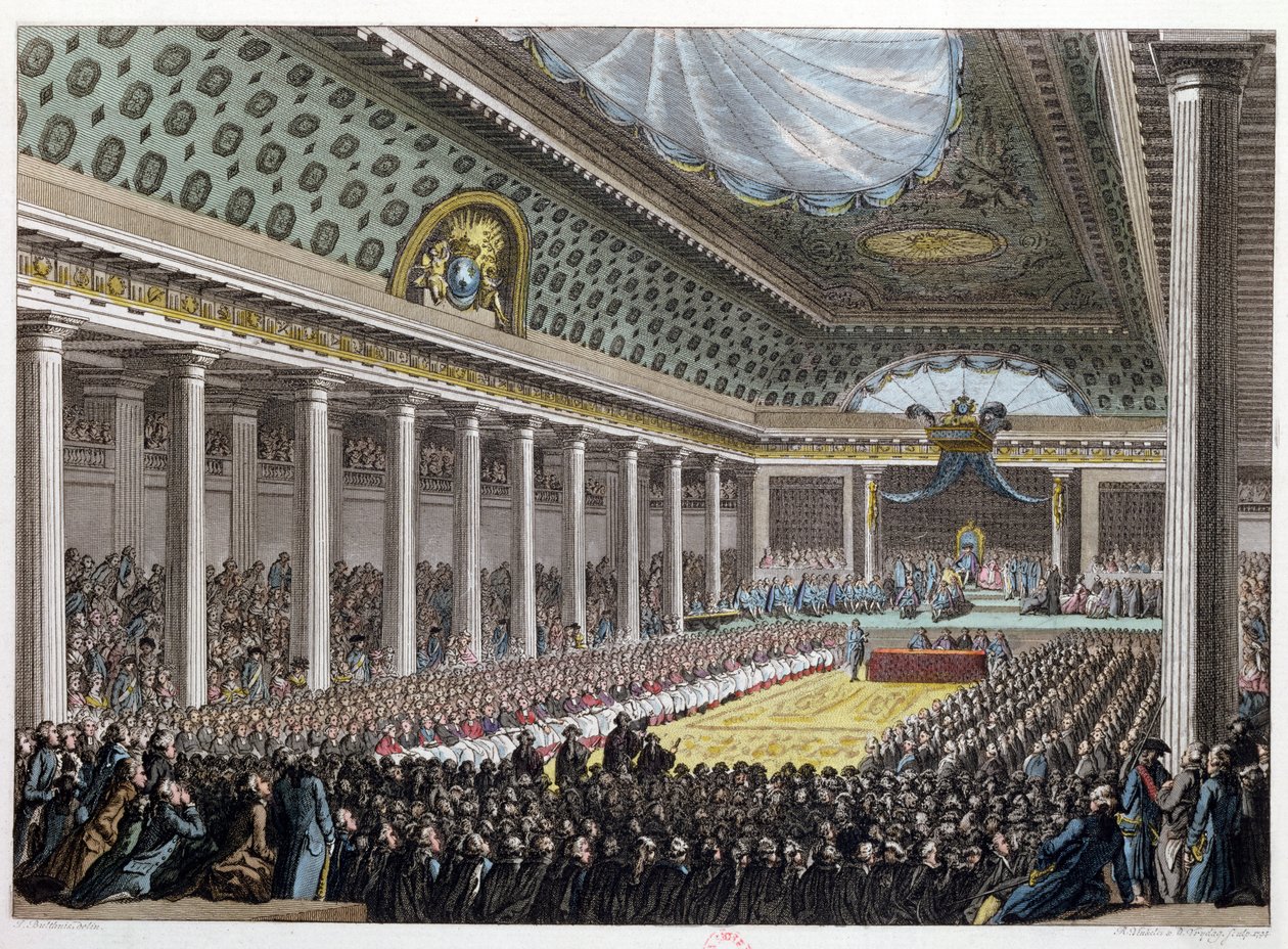 Otwarcie Stanów Generalnych w Wersalu, 5 maja 1789, z „Tableaux historique de la Revolution Francaise” autorstwa Jean Michel the Younger Moreau