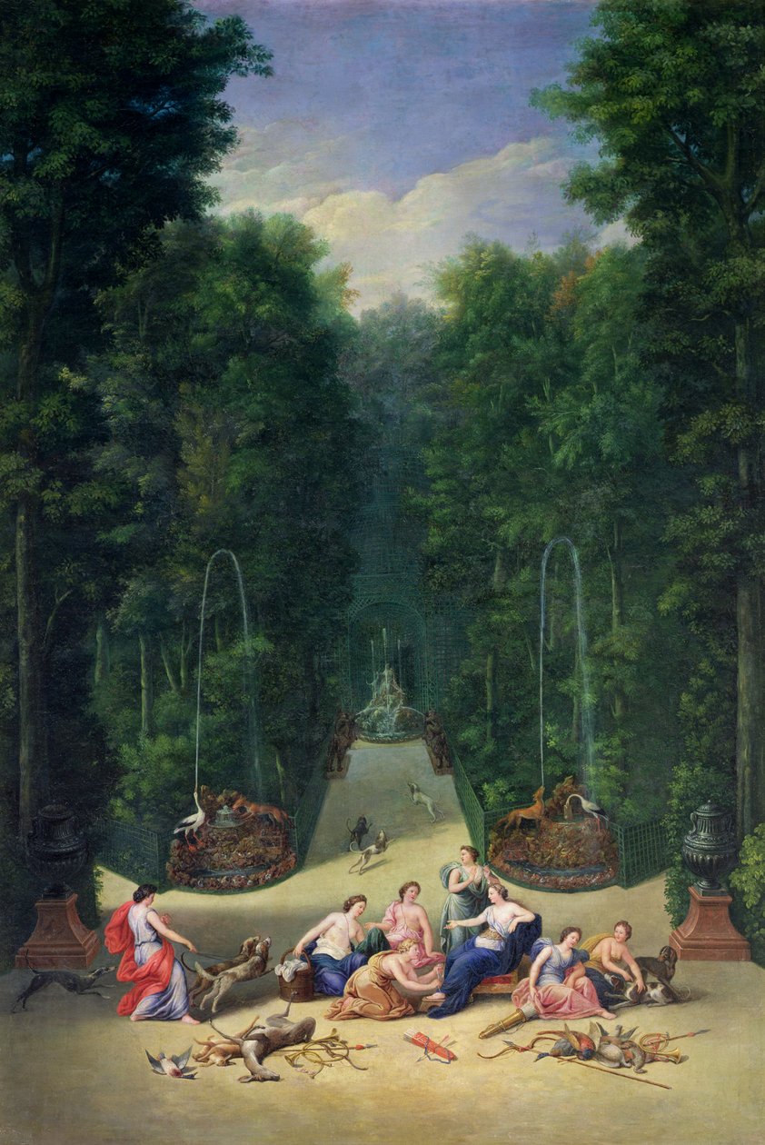 Gaje wersalskie: widok na labirynt z Dianą i jej nimfami, 1688 autorstwa Jean the Younger Cotelle