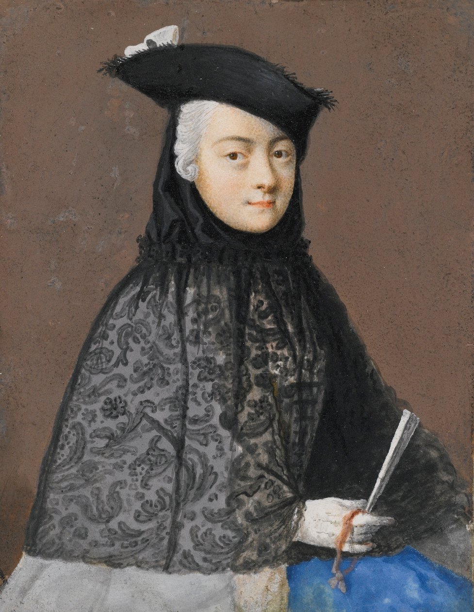 Portret siedzącej damy w weneckim stroju karnawałowym trzymającej wachlarz autorstwa Jean Étienne Liotard