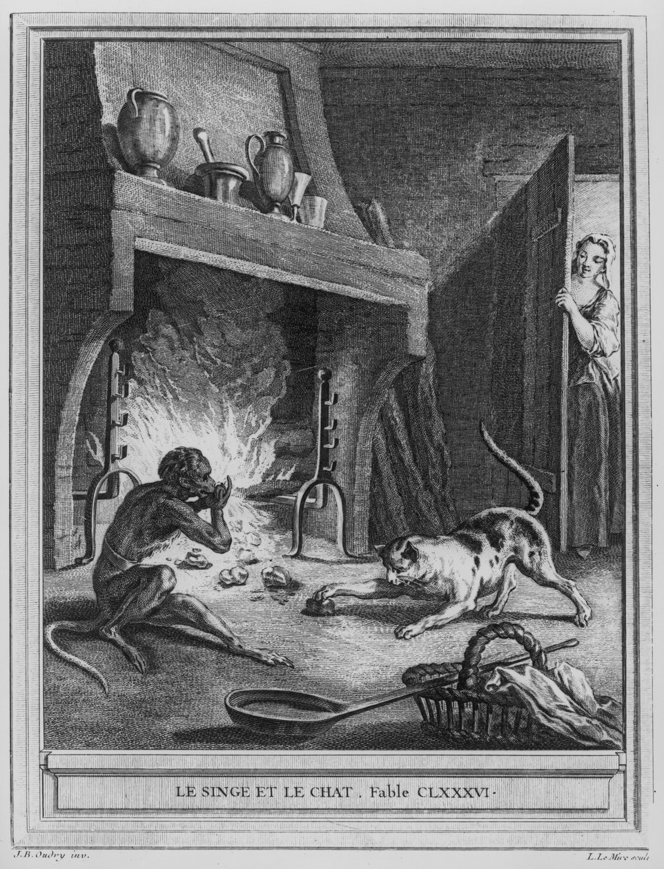 Małpa i kot, ilustracja do „Bajek” Jeana de La Fontaine (1621-95), sztychowana przez Louisa Le Mire (1736-57) autorstwa Jean Baptiste Oudry