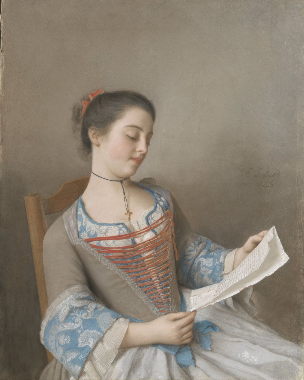 „La liseuse Marianne Lavergne, kuzynka artysty, w lyońskiej stroju wiejskim, 1746 (pastel na pergaminie) autorstwa Jean Étienne Liotard