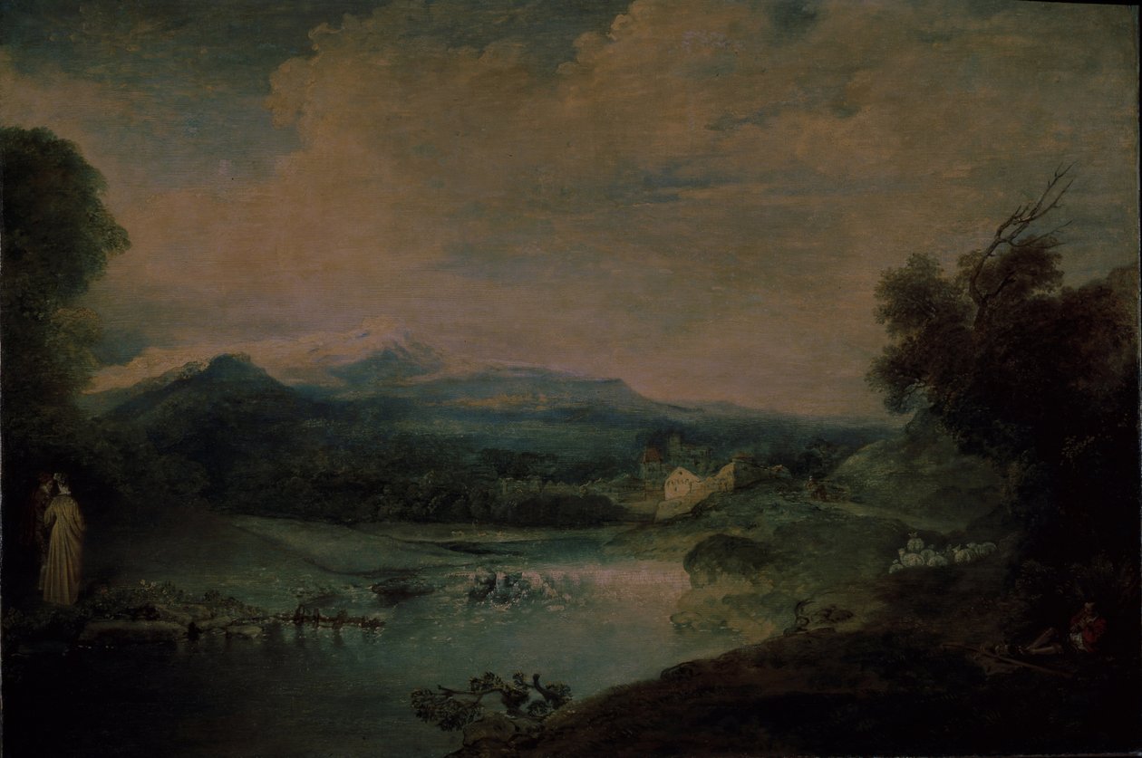 Krajobraz z wodospadem, ok. 1714 autorstwa Jean Antoine Watteau