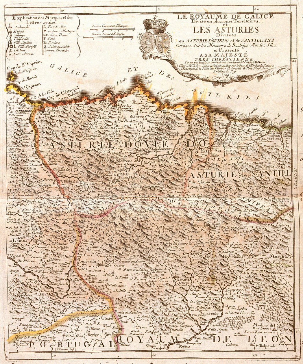 Mapa Asturii (Hiszpania) (Grawerowanie autorstwa Jean Baptiste Nolin