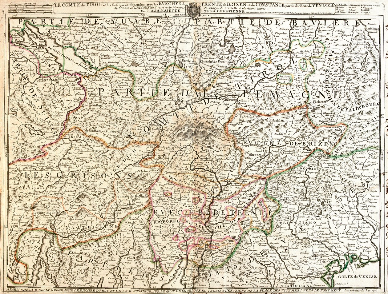 Mapa Tyrolu (Niemcy) (Grawerowanie autorstwa Jean Baptiste Nolin