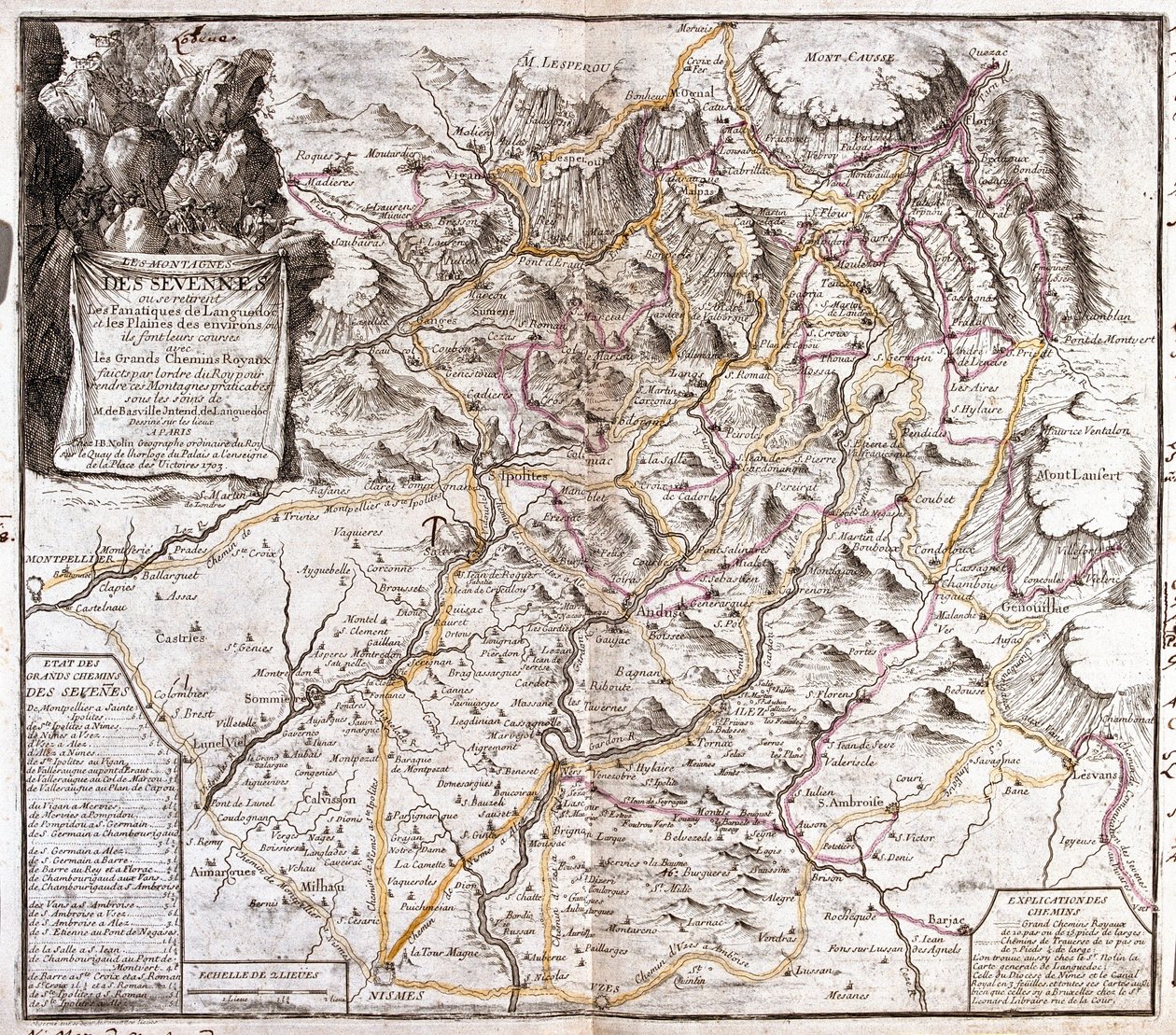Mapa Sewennów (Francja) (Grawerowanie autorstwa Jean Baptiste Nolin