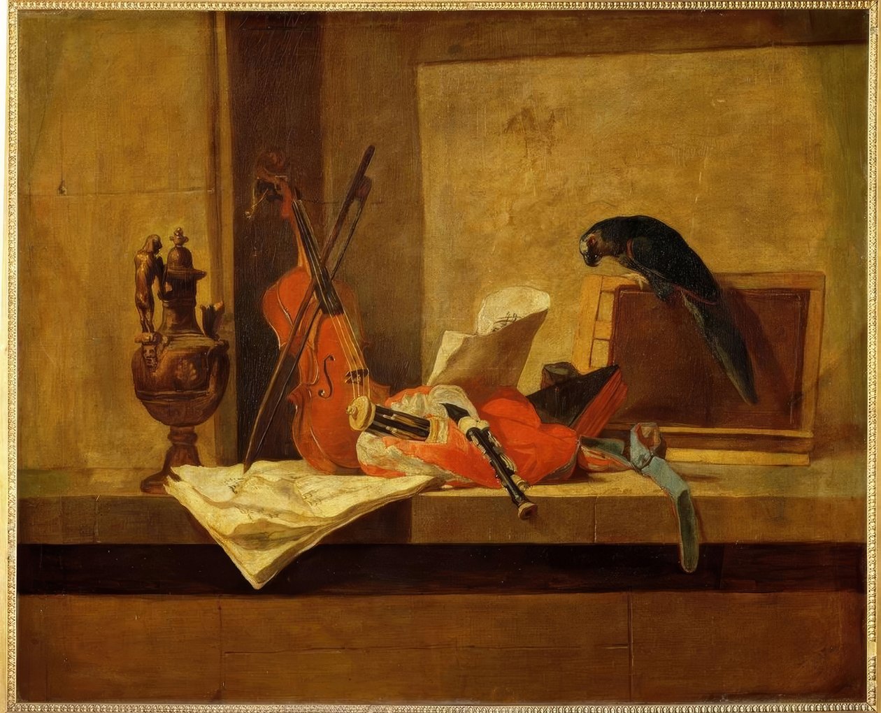 J.B.S.Chardin, Musikinstrumente u. Papaga. autorstwa Jean Baptiste Simeon Chardin