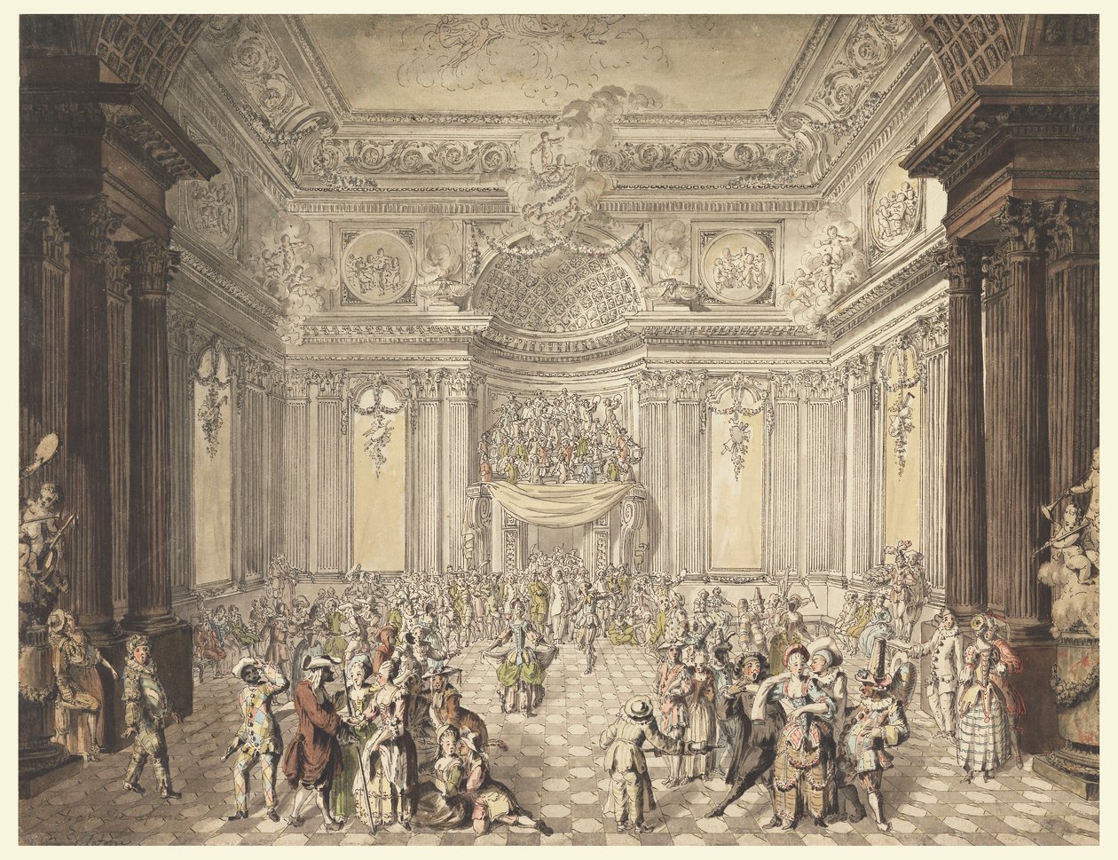 Rysunek, widok balu maskowego, 1770-80 autorstwa Jean Charles Delafosse