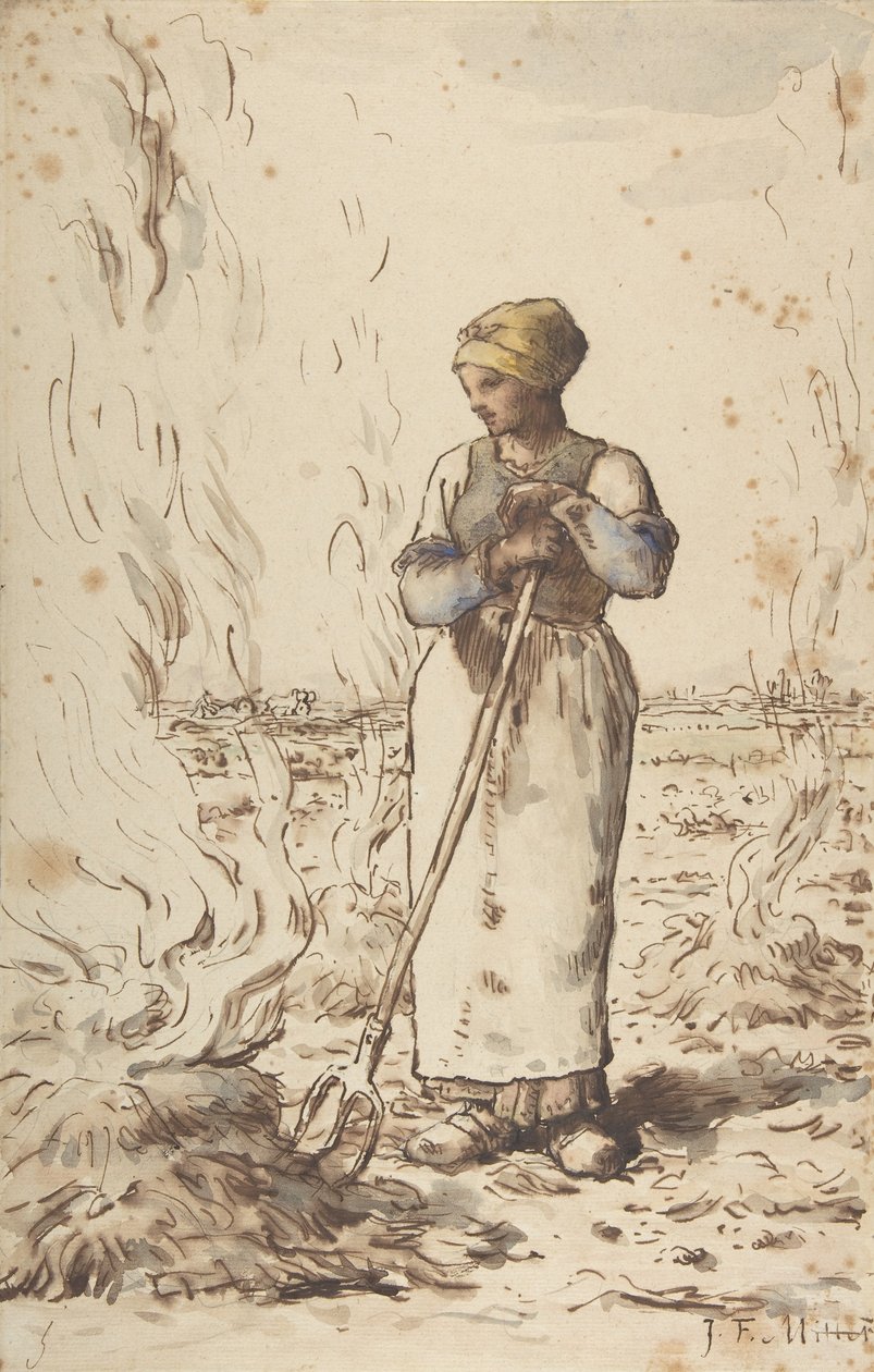 Kobieta paląca chwasty, 1830-75 autorstwa Jean Francois Millet