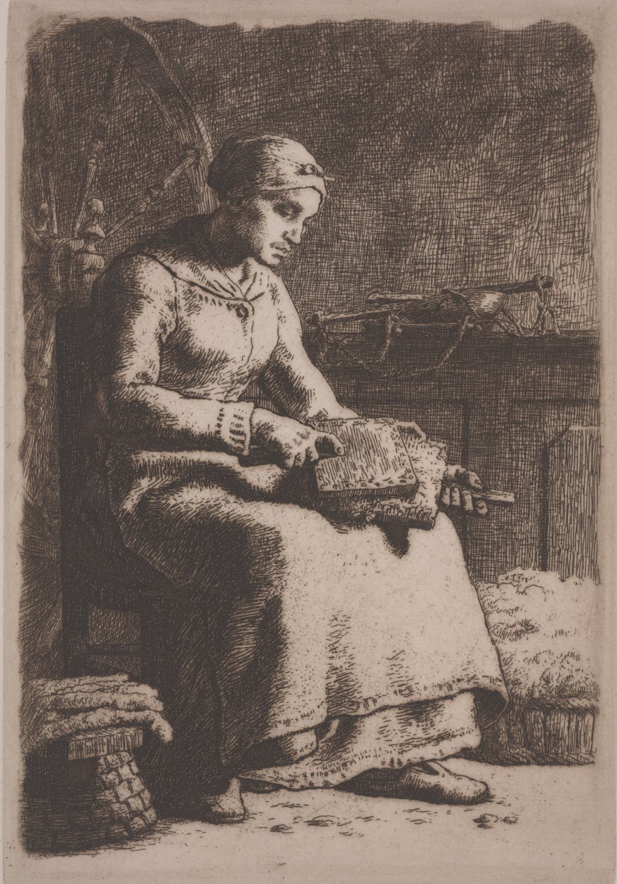 The Wool Carder, ok. 1856 (akwaforta) autorstwa Jean Francois Millet
