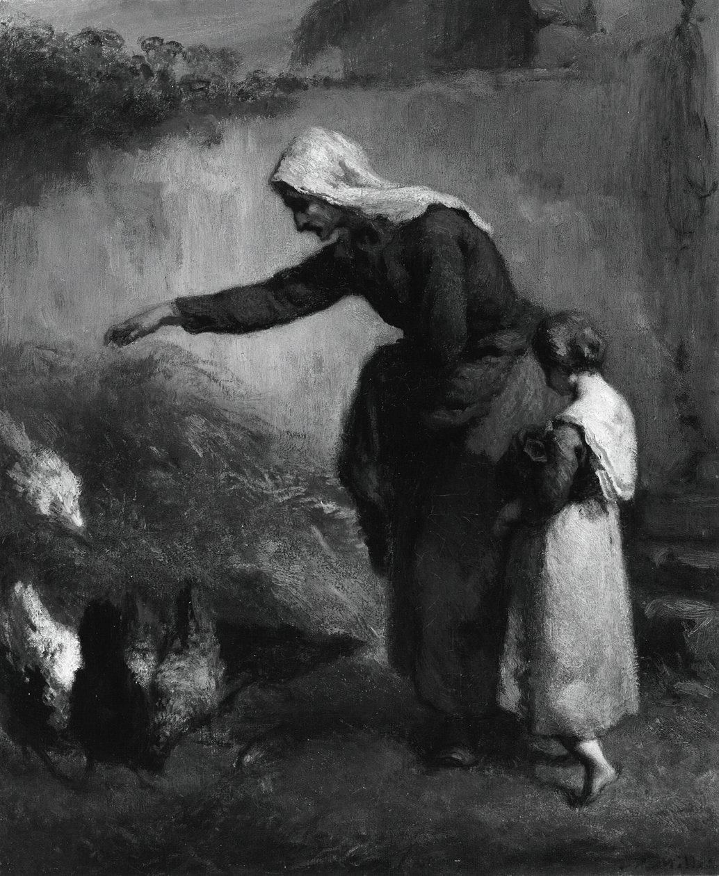 Kobieta karmiąca kurczaki, 184648. autorstwa Jean Francois Millet