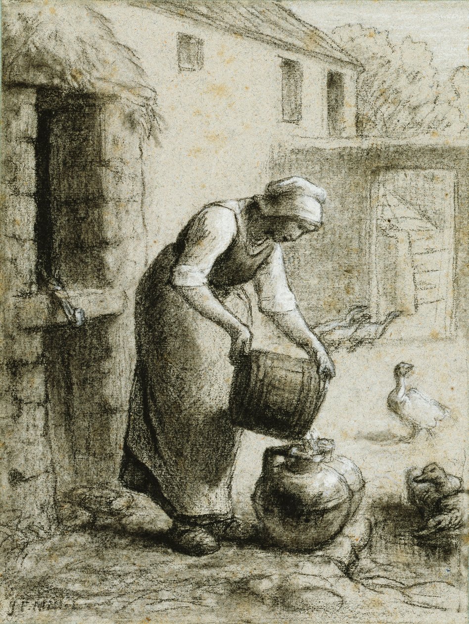 Kobieta wlewa wodę do bańek po mleku autorstwa Jean Francois Millet