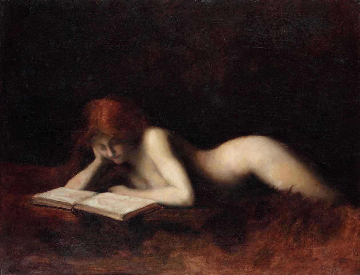 Leżąca naga kobieta czytająca książkę autorstwa Jean Jacques Henner