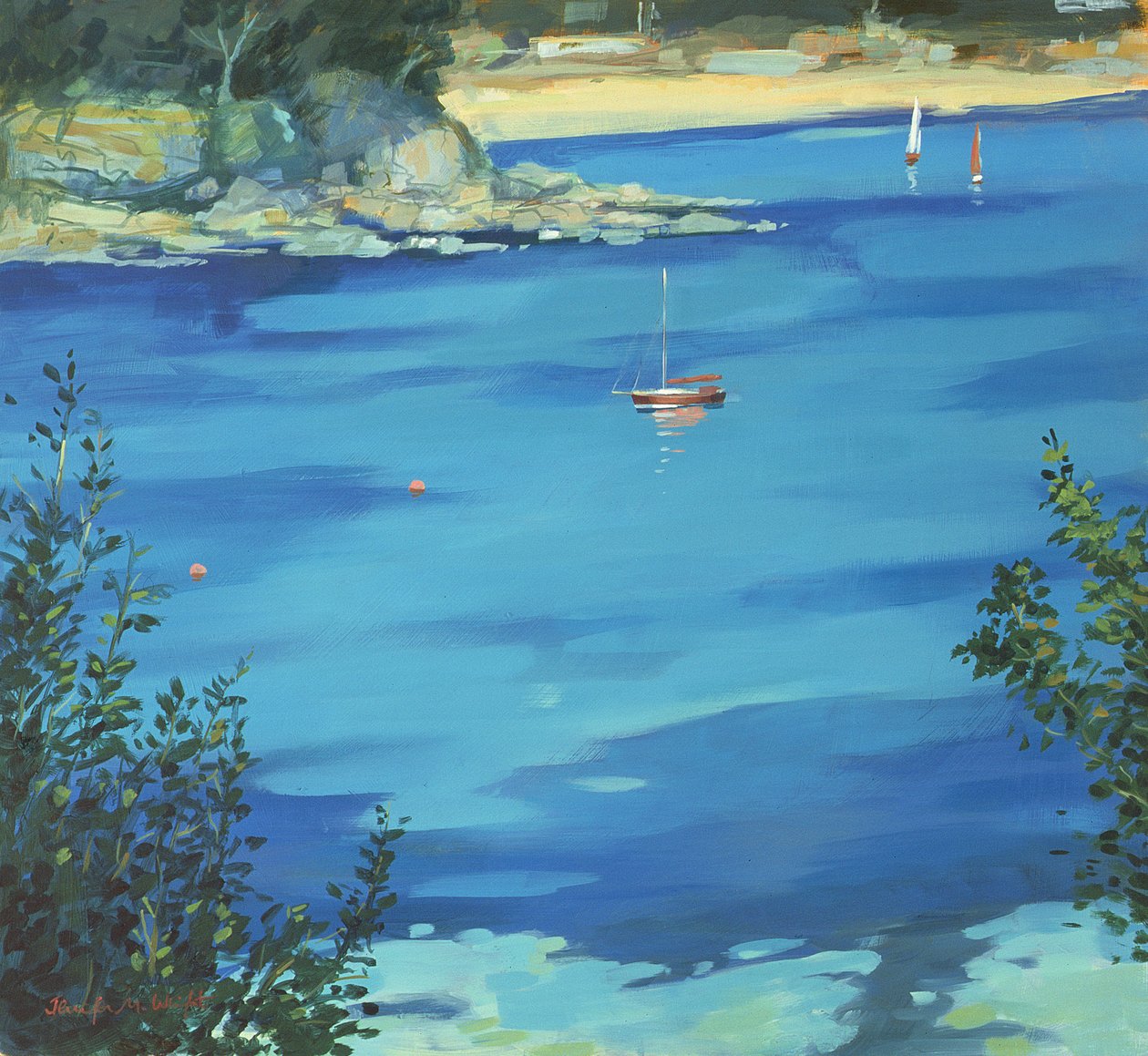 Salcombe, zacumowany jacht, Southsands, 2000 autorstwa Jennifer Wright