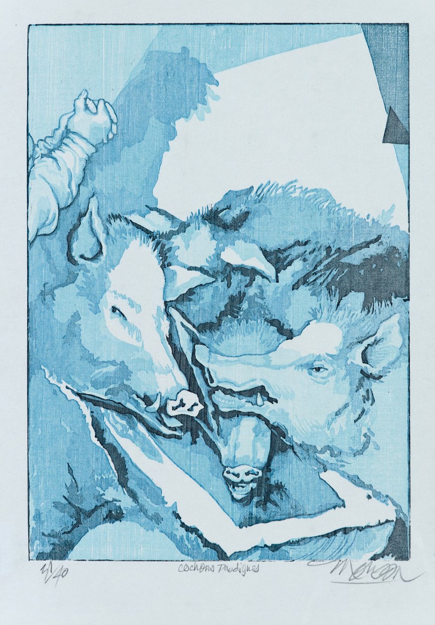 Marnotrawne świnie, 2015 (drzeworyt) autorstwa Jim Monson