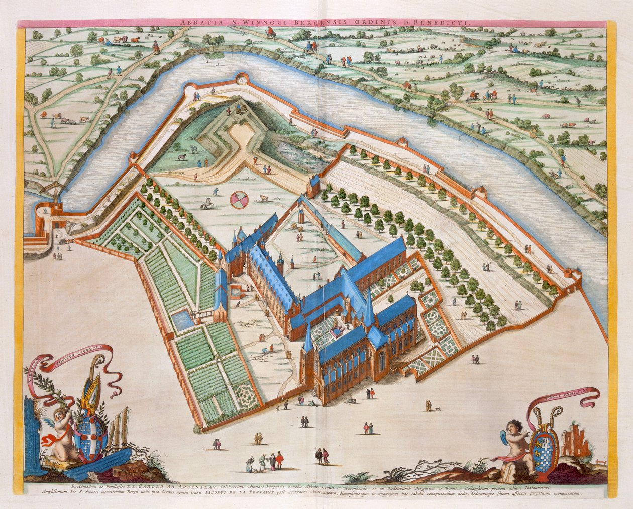 Opactwo Benedyktynów St. Winnock, Bergen, Holandia, 1649 (rycina ręcznie kolorowana) autorstwa Joan Blaeu