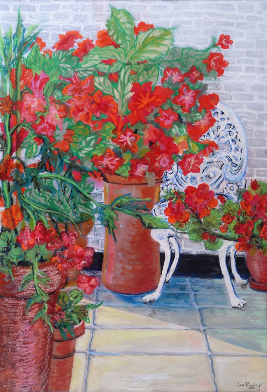Pelargonie i petunie na tarasie, 2011, (Gwasz na papierze) autorstwa Joan Thewsey