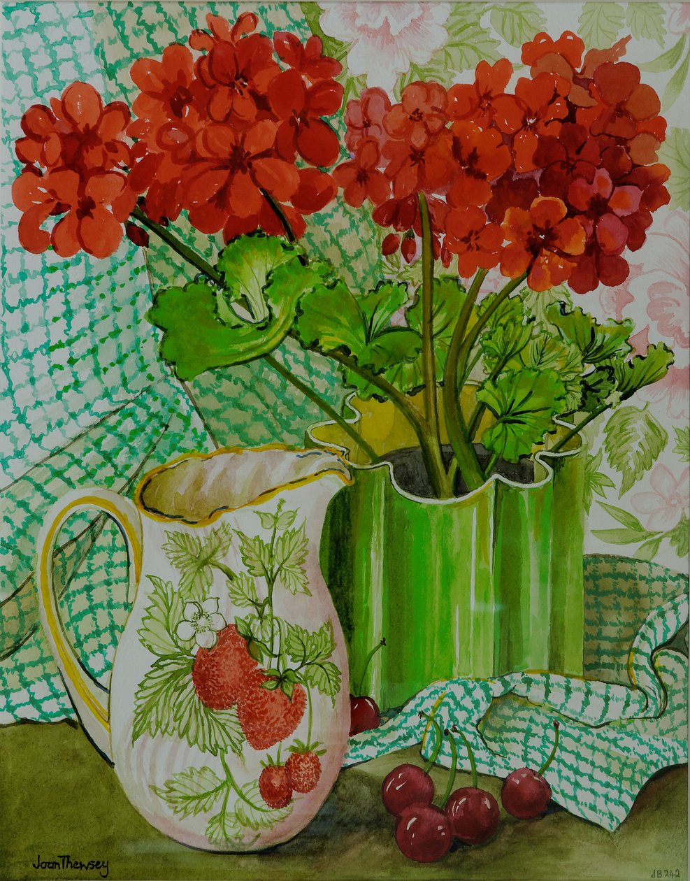 Czerwona pelargonia z truskawkowym dzbankiem i wiśniami (wc na papierze czerpanym) autorstwa Joan Thewsey
