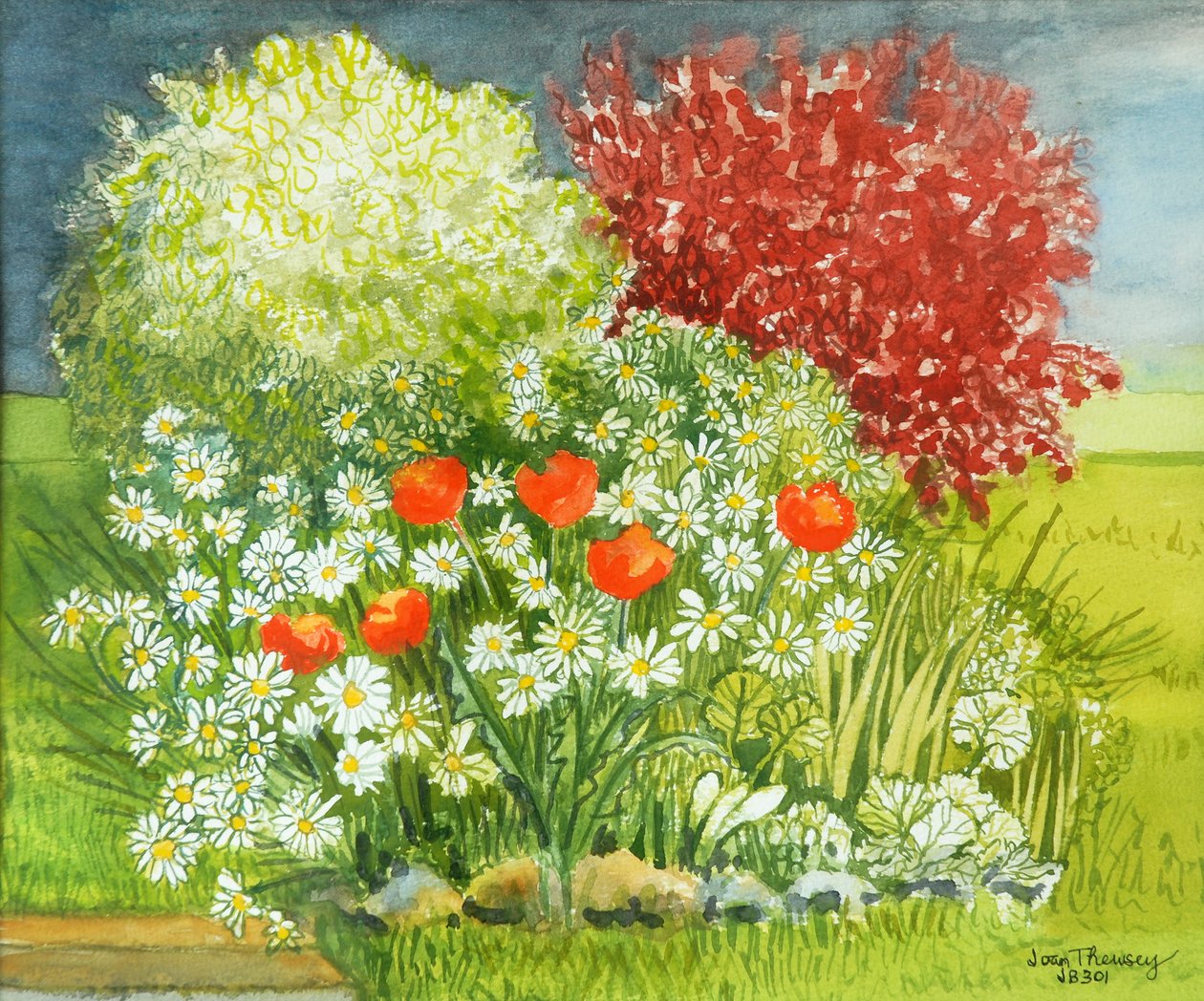 Suffolk Garden, Rain Coming, 2011, kolor wody autorstwa Joan Thewsey