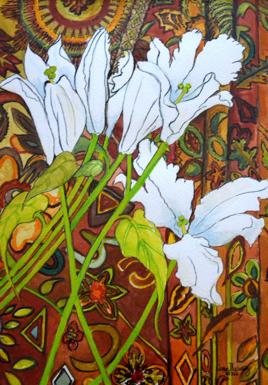 Lilie na tle wzorzystej tkaniny, autorstwa Joan Thewsey