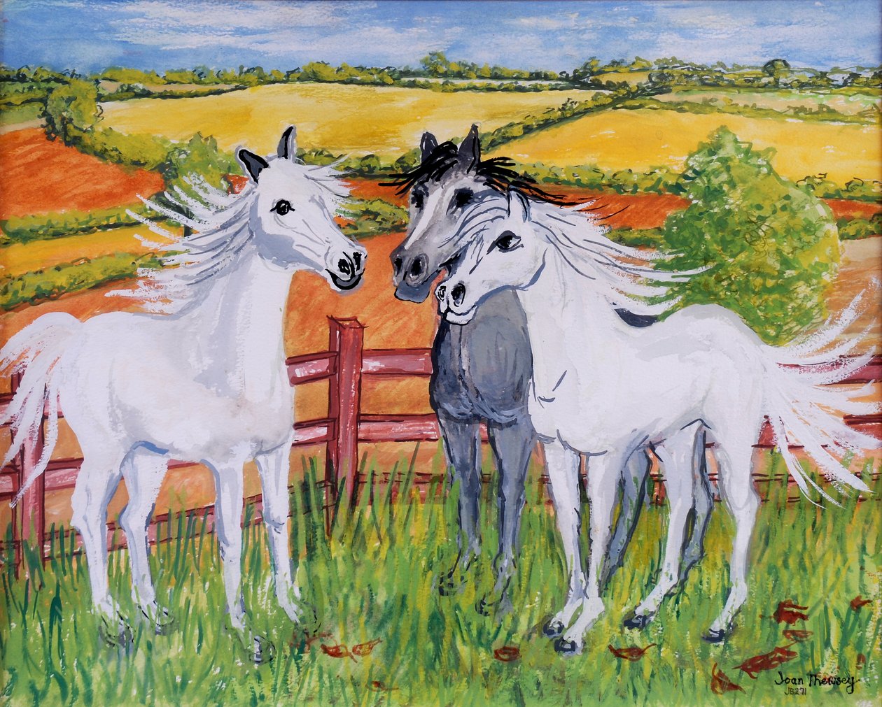 Trzy rozbrykane konie, 2002, (gwasz) autorstwa Joan Thewsey