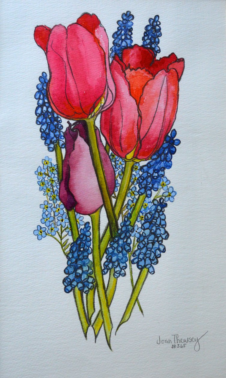 Tulipany, Muscari i Forget-me-nots,2002, autorstwa Joan Thewsey