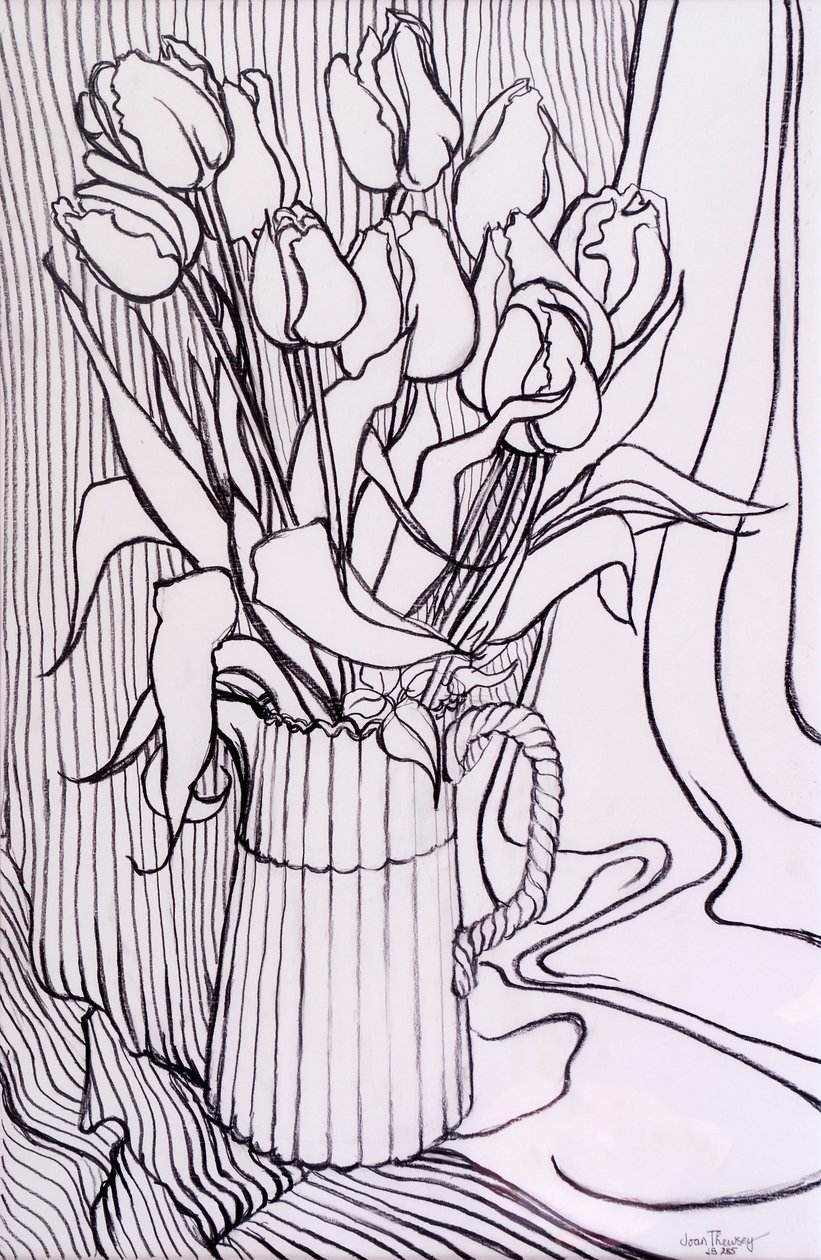 Tulipany na tle tkaniny w paski, 2000, grafit autorstwa Joan Thewsey