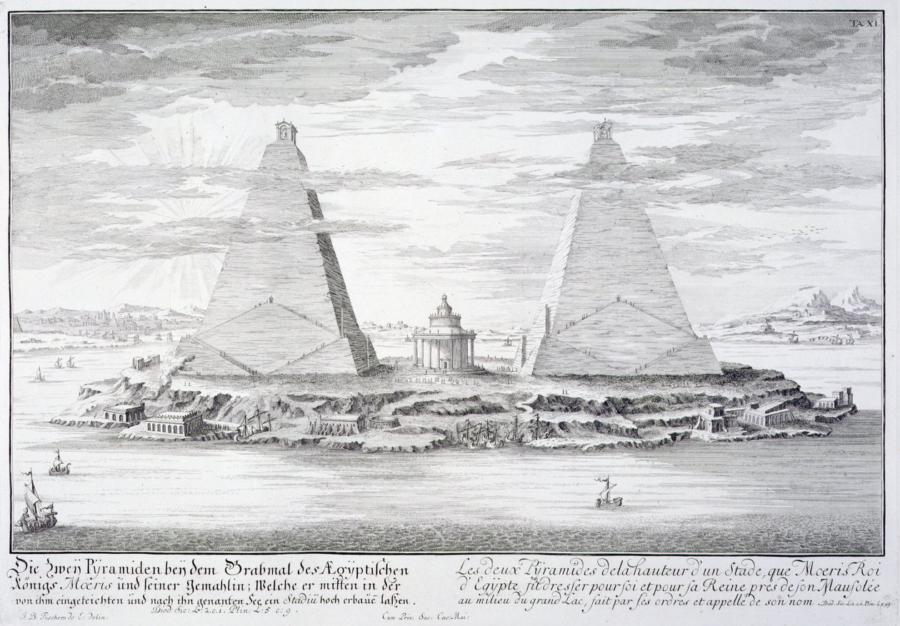 Dwie piramidy Moerisa, króla Egiptu i jego żony, tablica 11 z „Entwurf einer historischen Architektur”, ryt. Johann Adam Delsenbach (1687-1765) 1721 autorstwa Johann Bernhard Fischer von Erlach