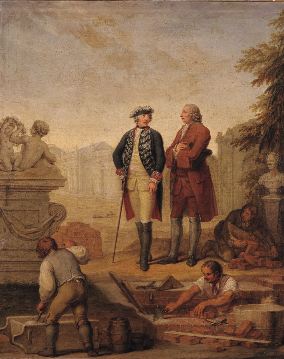 Król Prus Fryderyk II (1712-86) i markiz Argens (1704-1771) kontrolują budowę Sanssouci w Poczdamie autorstwa Johann Christoph Frisch