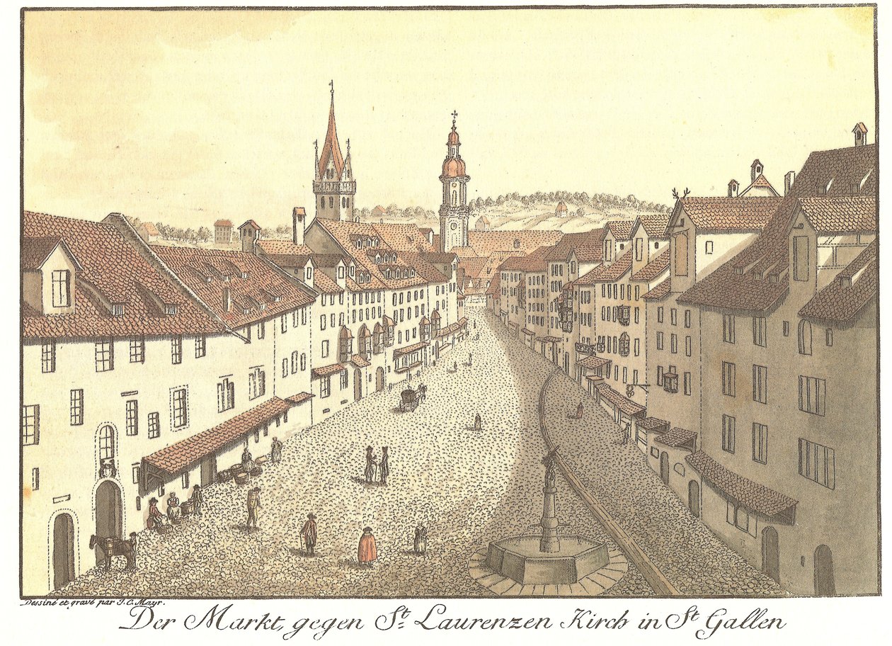 Rynek przeciwko St. Laurenzen Kirch w St. Gallen (tytuł oryginalny) autorstwa Johann Conrad Mayr