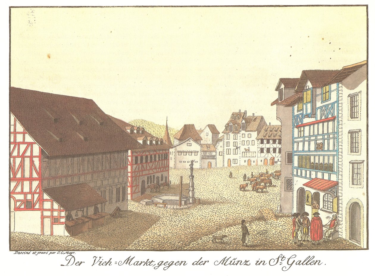 Rynek bydła przeciwko monety w St. Gallen (tytuł oryginalny) autorstwa Johann Conrad Mayr