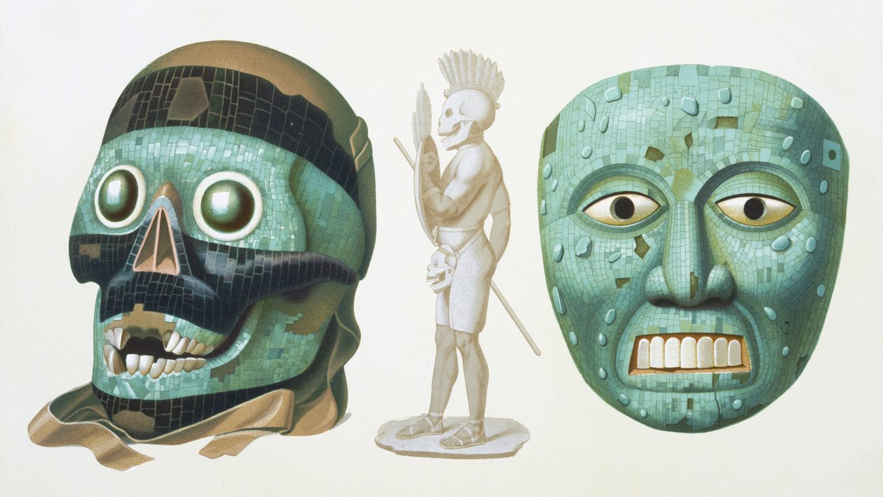Po lewej: maska czaszki boga Tezcatlipoca i po prawej: maska przedstawiająca boga Quetzalcoatla lub Tonatiuha, ok. 1500, płyta 43 z „Ancient Monuments of Mexico”, grawerowana przez Jehenne, 1866 autorstwa Johann Friedrich Maximilian von Waldeck