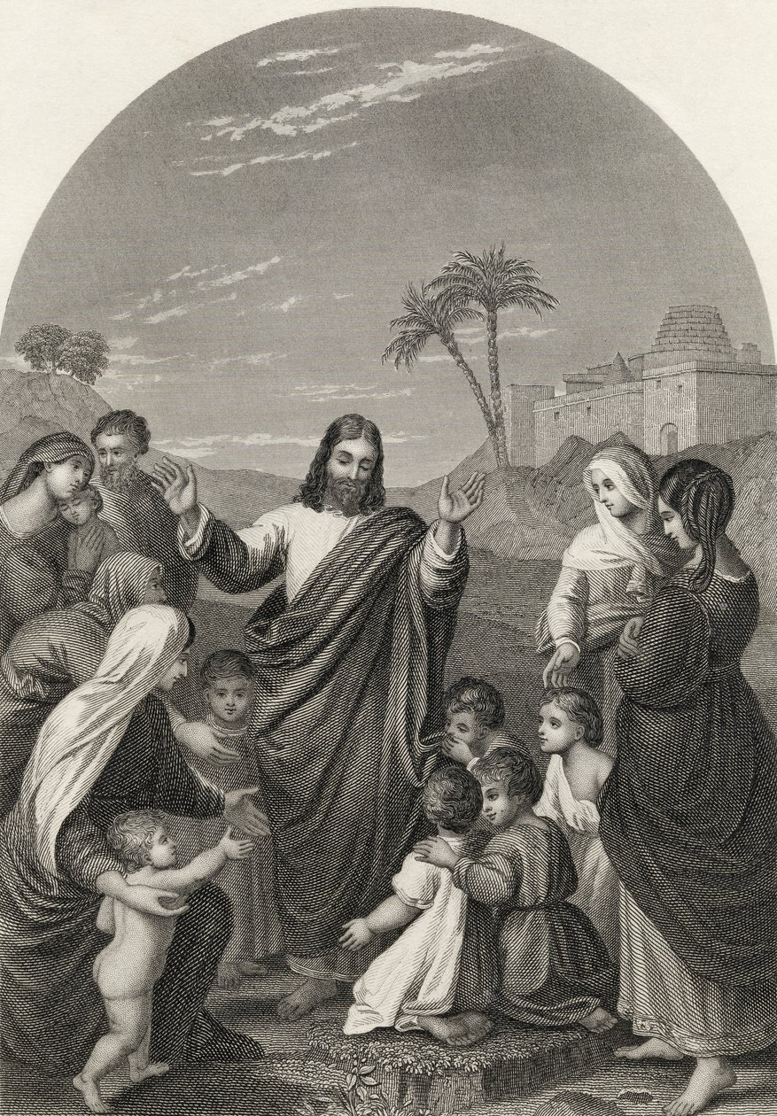 Chrystus błogosławiący małe dzieci, grawerowane przez S. Allena, z „The National Illustrated Family Bible”, wydanej ok. 1870 r. autorstwa Friedrich Overbeck