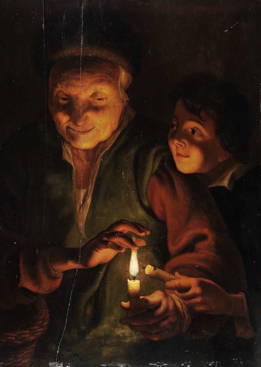 Stara kobieta z chłopcem przy świecach autorstwa Johann Georg Trautmann