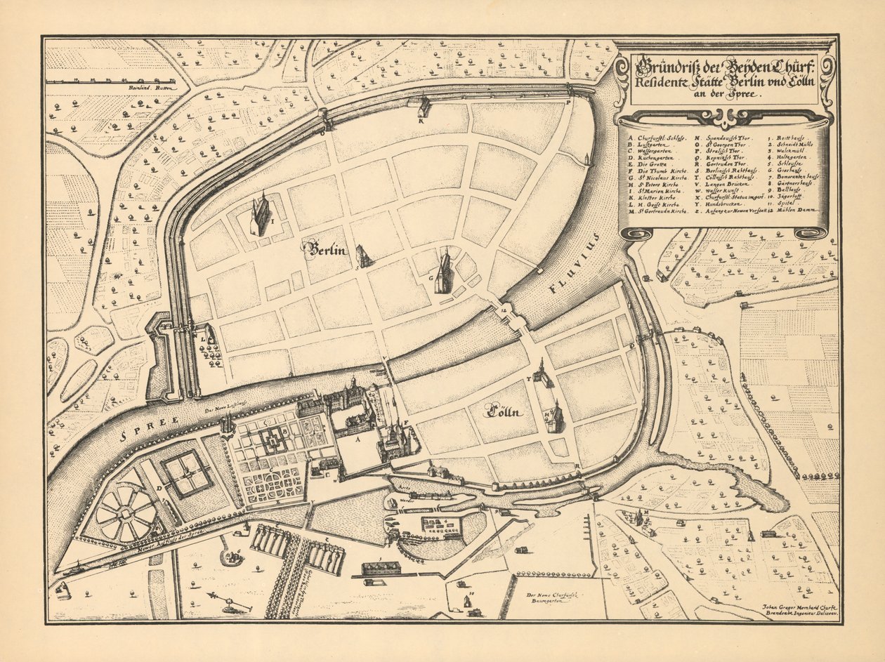 Mapa Berlina i Coelln, 1652 r. autorstwa Johann Gregor Memhardt