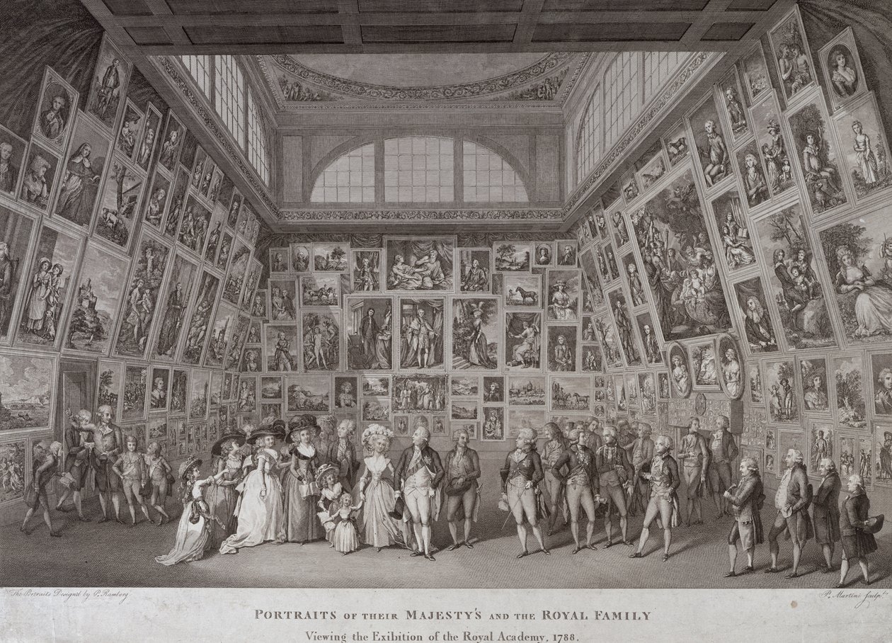 Widok wnętrza Somerset House przedstawiający króla Jerzego III (1738-1820), królową Charlotte (1744-1818) i rodzinę królewską oglądającą wystawę Królewskiej Akademii Sztuk w latach 1788, 1788 autorstwa Johann Heinrich Ramberg