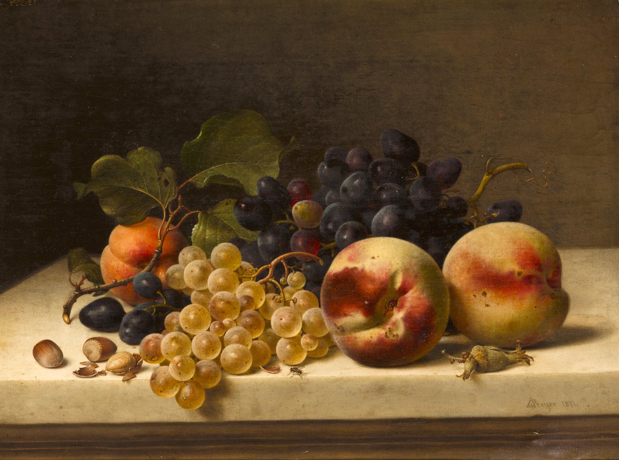 Martwa natura ze śliwkami, winogronami i orzechami laskowymi autorstwa Johann Wilhelm Preyer