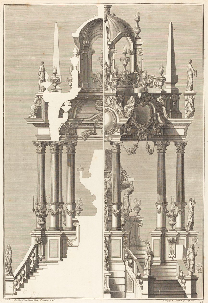 Katafalk autorstwa Johann Andreas Pfeffel I after Giuseppe Galli Bibiena
