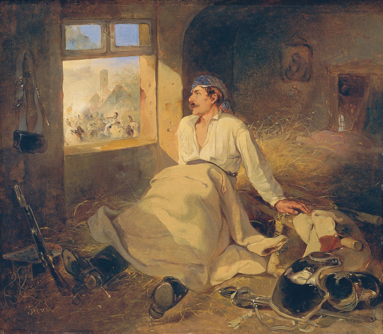 Ranny kirasjer w stodole na siano autorstwa Johann Friedrich Treml