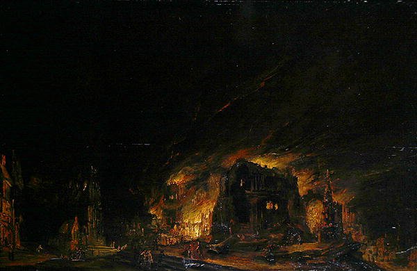 Pożar, ok. 1760 (olej na drewnie) autorstwa Johann Georg Trautmann