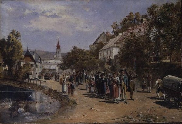 Procesja na wiejskiej ulicy w Austrii autorstwa Johann Hamza